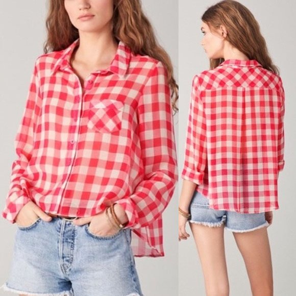 Free People Red Gingham Plaid Semi Sheer Flowy Button Front Shirt Size S Airy - Picture 1 of 15